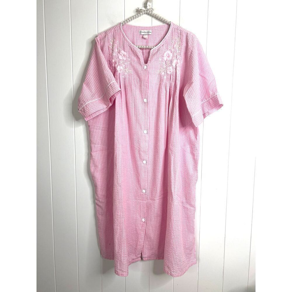 Miss Elaine Pink Seersucker Short Sleeve Snap‎ Button Front Bathrobe Size XL